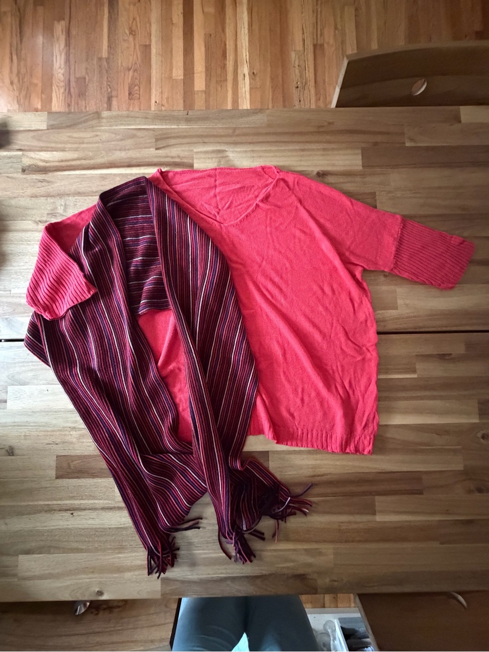 V-Neck Coral Knit Sweater with Coordinating Striped Scarf